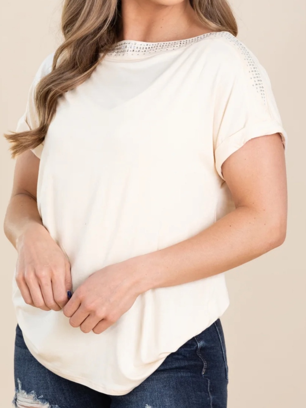 Vocal Rhinestones Embellished Shoulder Top Beige Peach
